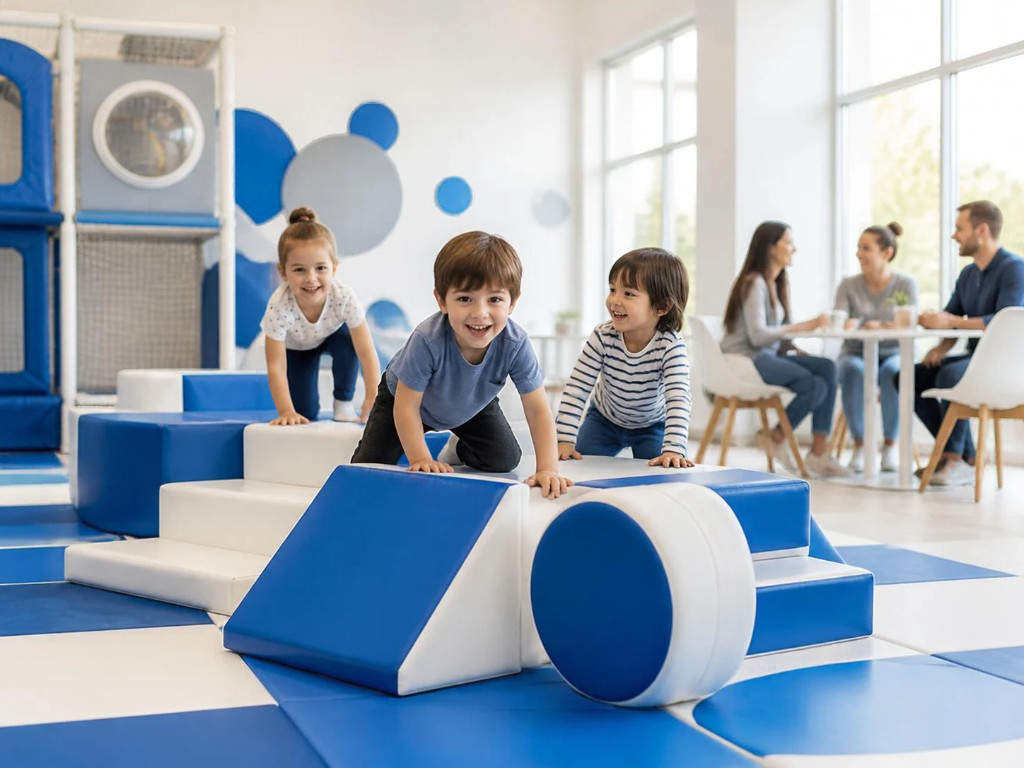 Kids playing on a soft play structure at an indoor play cafe on a busy afternoon.